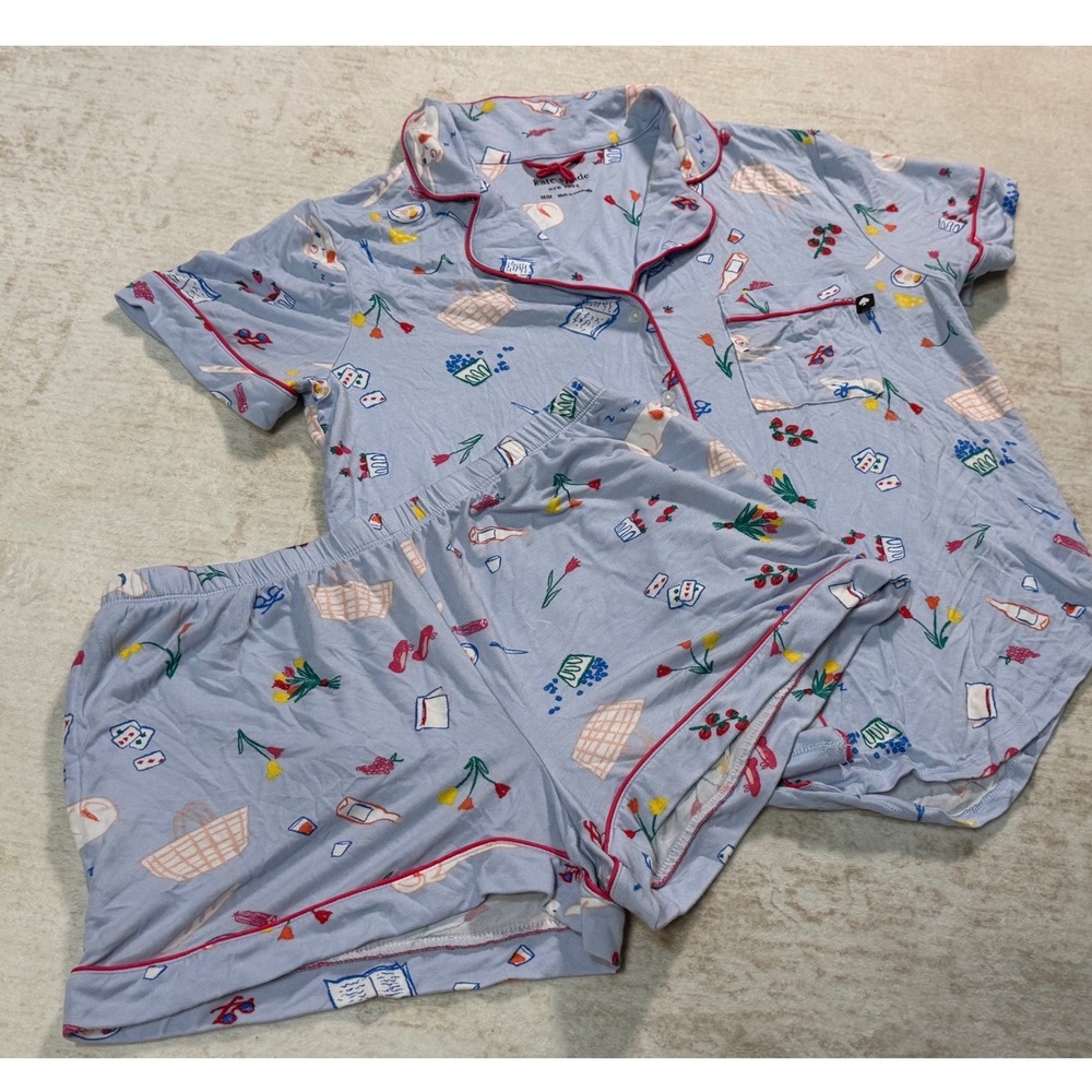 Kate Spade New York Picnic Print Pajama Set Blue Short Sleeve Shorts M